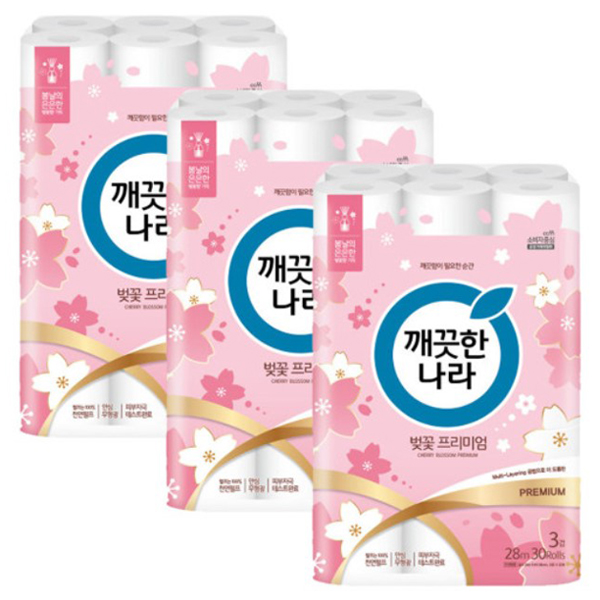 [깨끗한나라] 벚꽃 프리미엄 3겹 28m 30롤*3팩