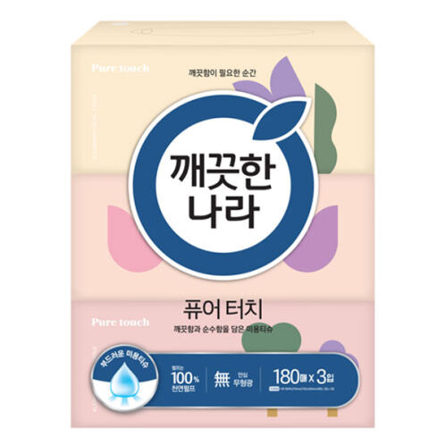 [깨끗한나라] 퓨어터치 안심무형광 각티슈 180매x3입x3개