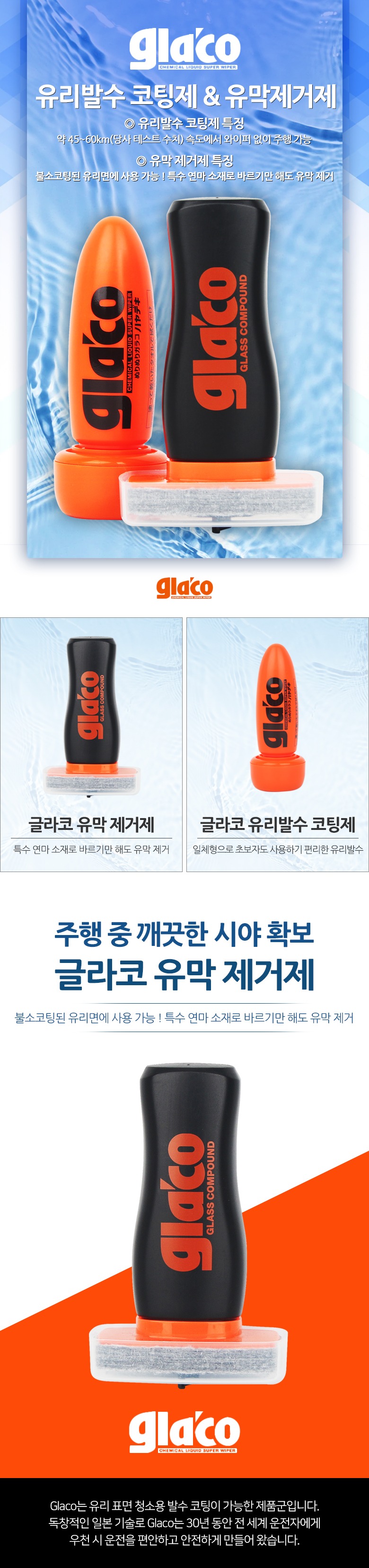 글라코 유리발수코팅제, 유막제거제